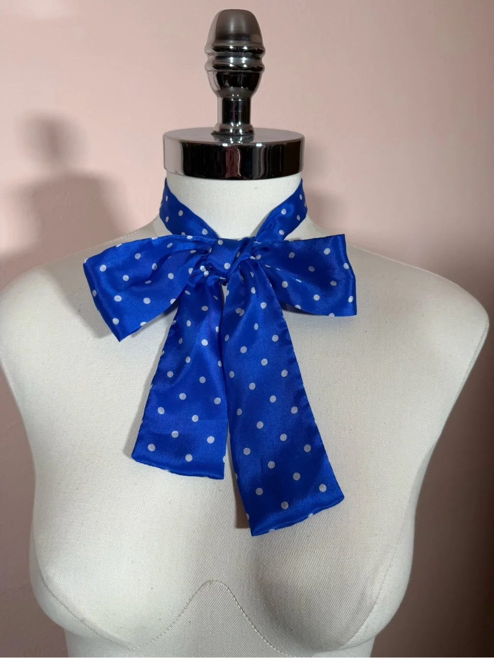Vintage specialty House Royal blue white polka dot Silk bow neck scarf Twilly